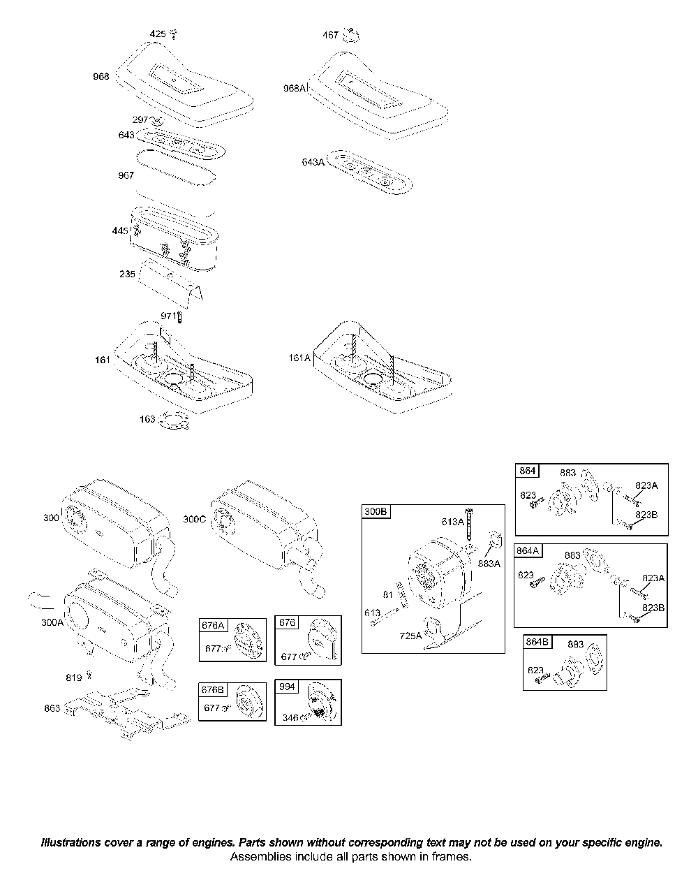 Air Cleaner, Muffler Diagram and Parts List for 42D707-1834-XX  Briggs and Stratton Engine